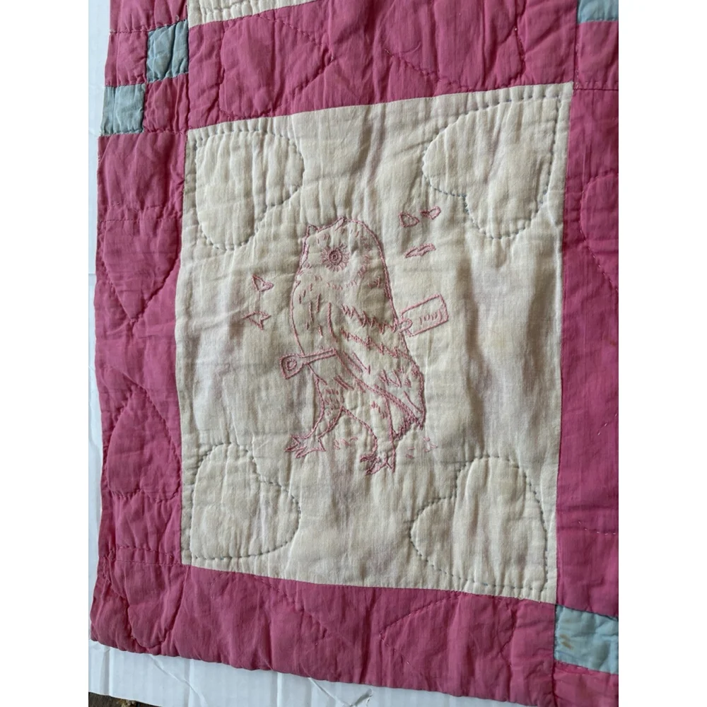 Vintage Baby Quilt Bunny Birds Owl Farmhouse Embroidered Hand Stitched Hearts
